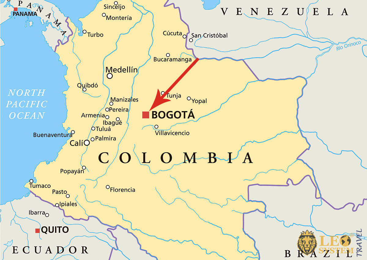 Map of Colombia, Bogota with the pointer location