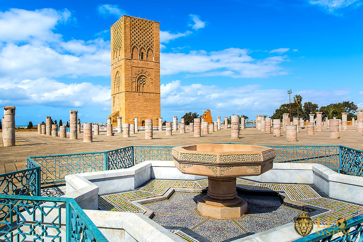 Beautiful square with Hassan tower at Mausoleum of Mohammed V in Rabat, Morocco