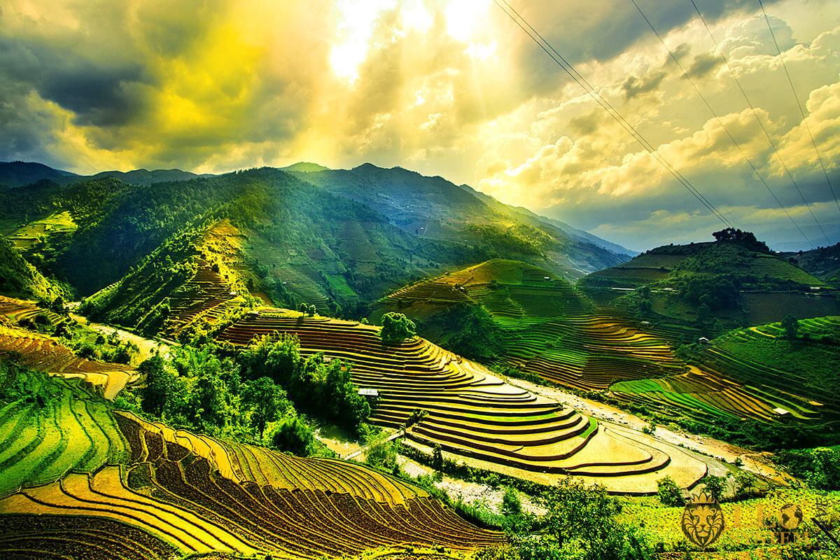 Panoramic view of fields and mountains in Asia