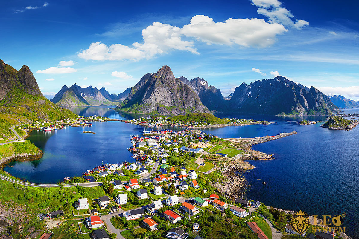 Panoramic aerial view of a village in Lofoten Islands, Norway