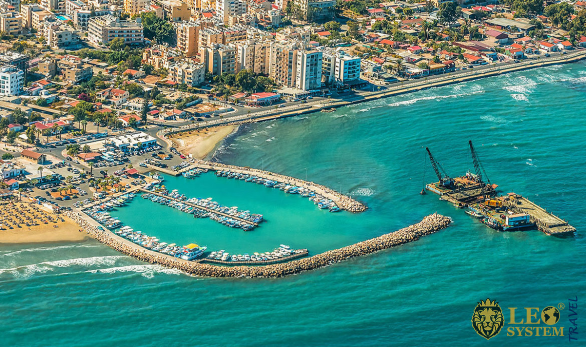 Aerial view of the seaport and beach in the city of Larnaca, Cyprus