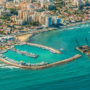 Aerial view of the seaport and beach in the city of Larnaca, Cyprus