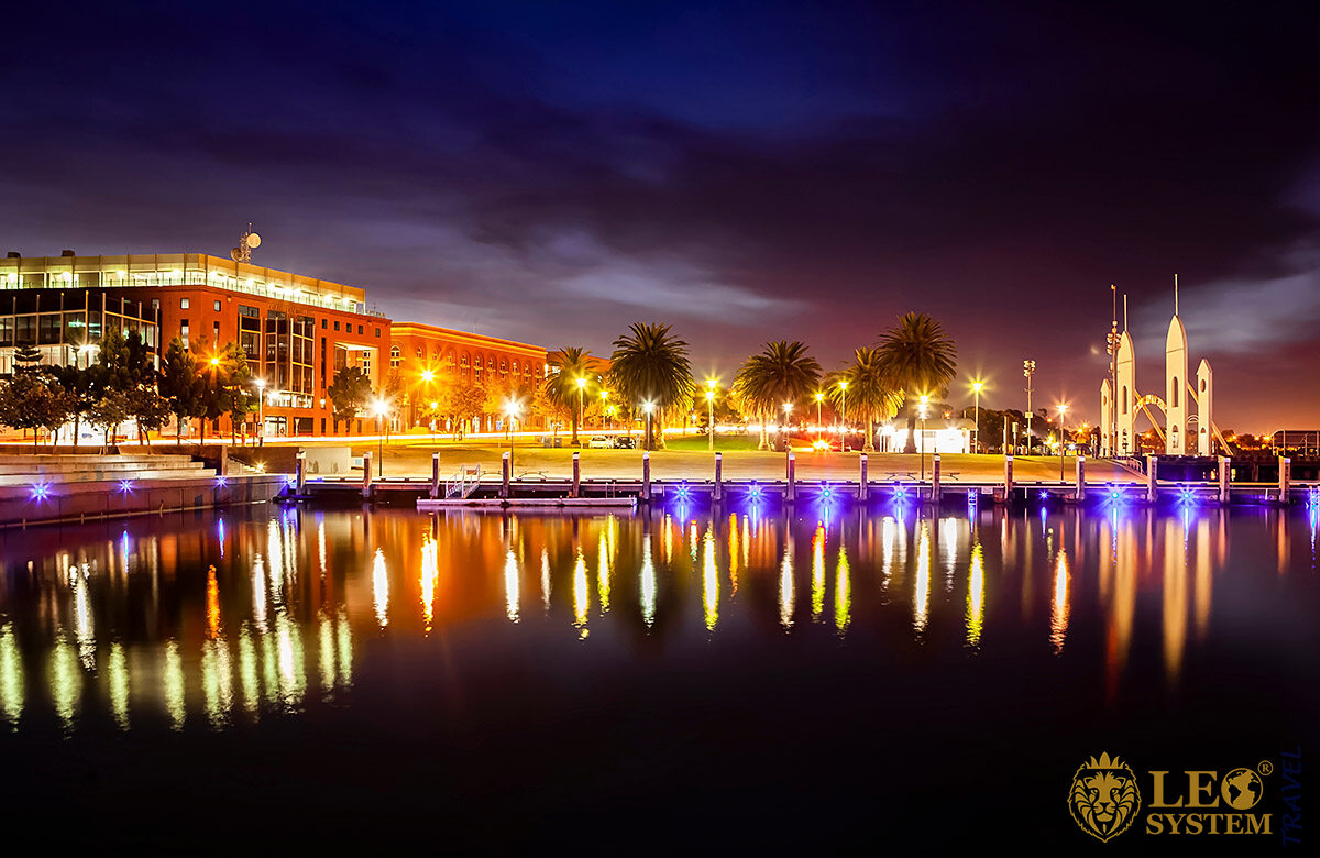 Night view of the historical buildings and the waterfront in Geelong, Australia