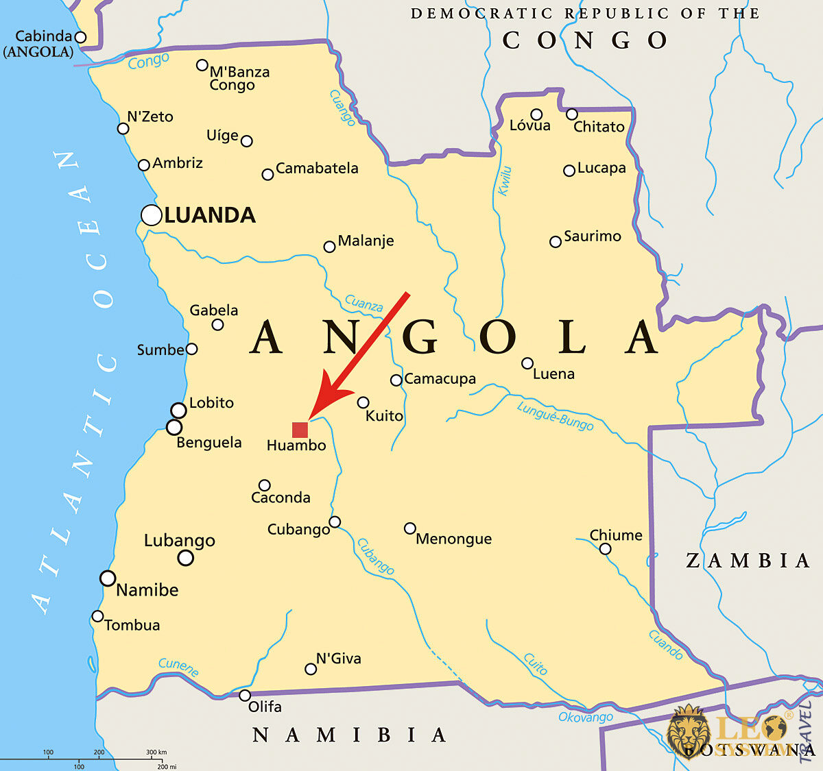 Image of a map showing the location of Huambo, Angola