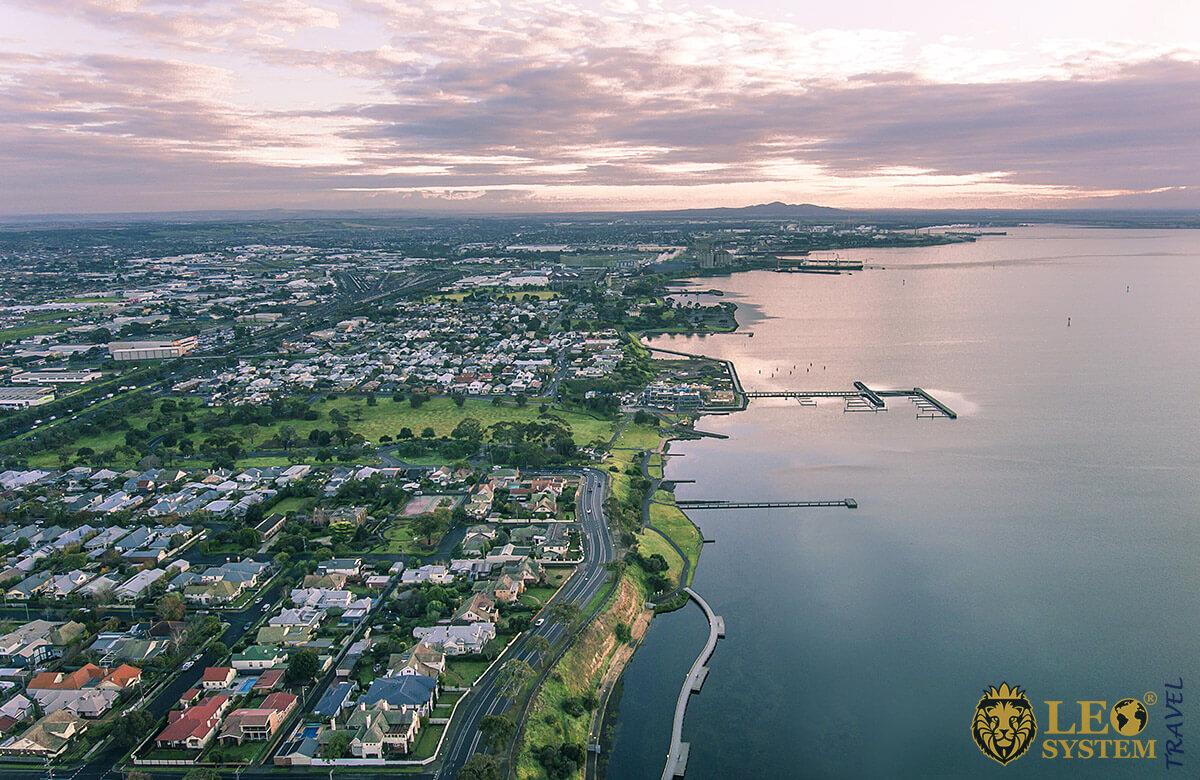 Panoramic view of the city, coastline and houses in Geelong, Australia