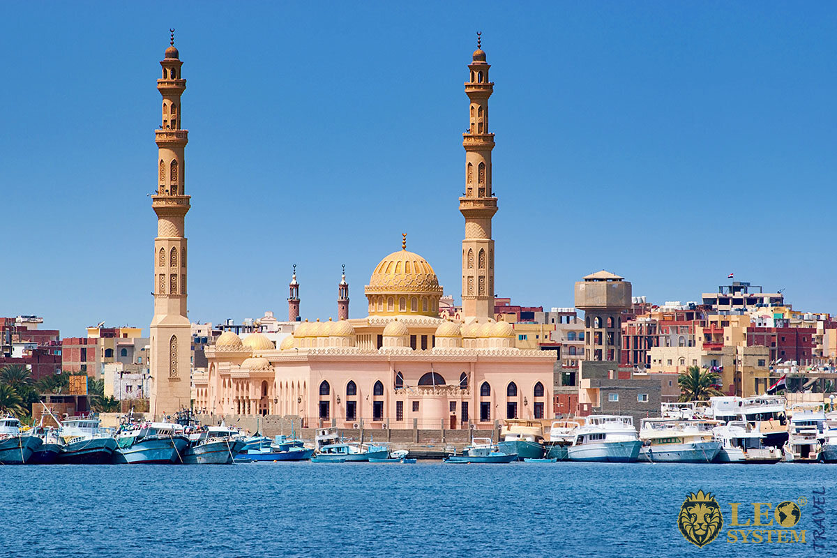 Magnificent view of the Mosque and the Port, city of Hurghada, Egypt