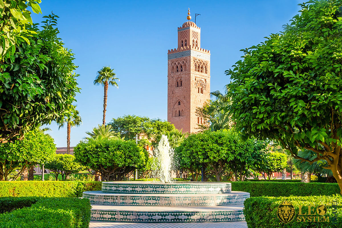 Panoramic view of the Kutubiyya Mosque, city of Marrakesh, Morocco