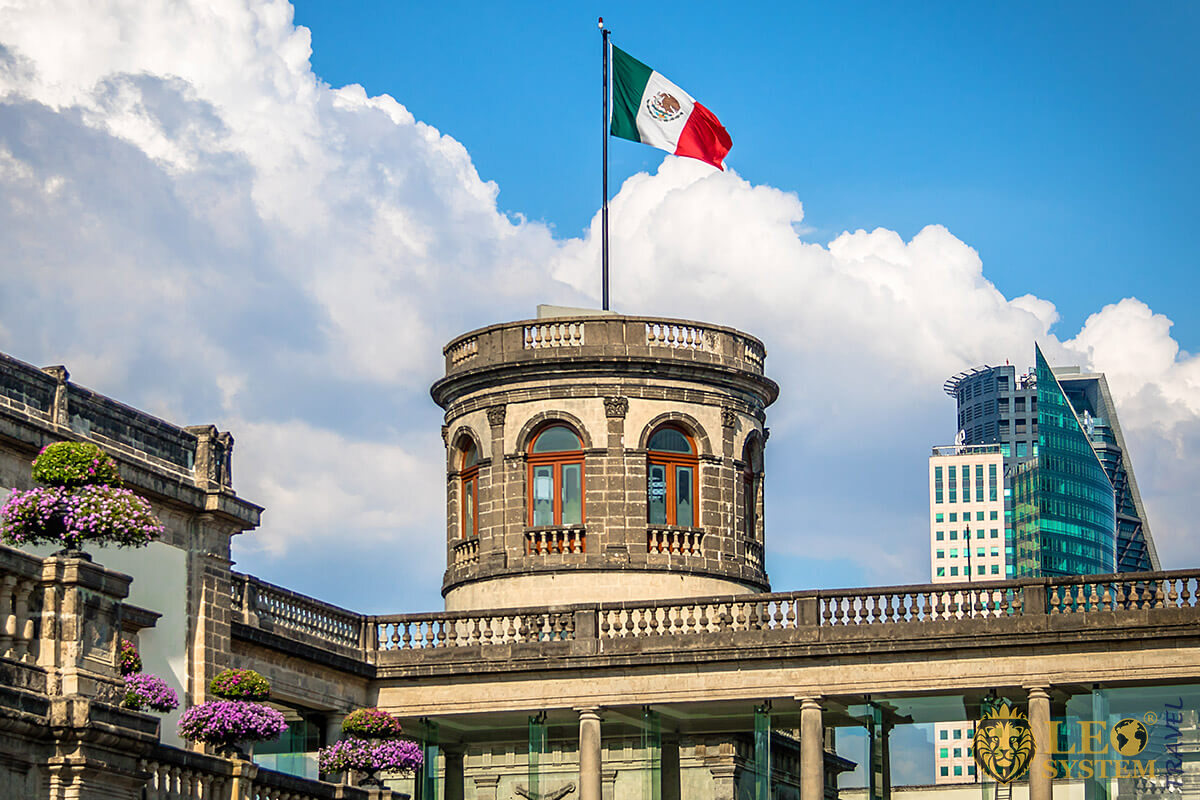 View of Chapultepec Castle and Mexican flag, Mexico City