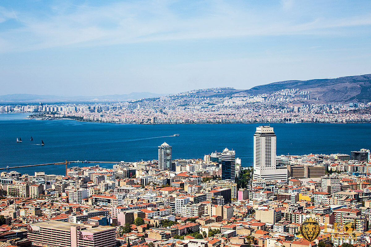 Panoramic view of city buildings and the sea, Izmir, Turkey