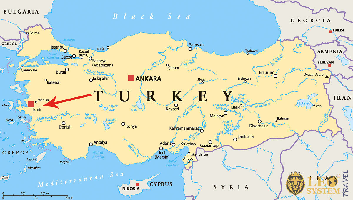 Image of a map showing the location of the city of Izmir, Turkey