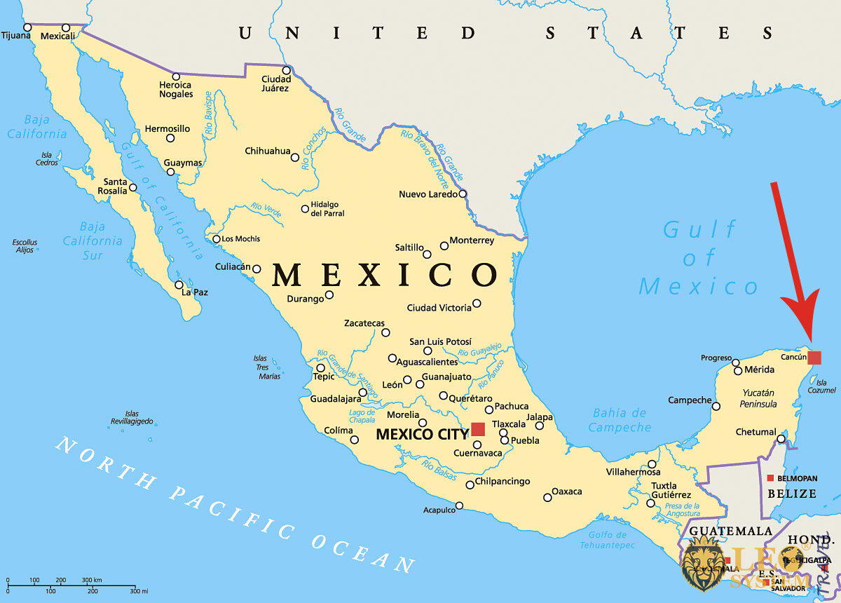 Image of a map showing the location of the city of Cancun, Mexico