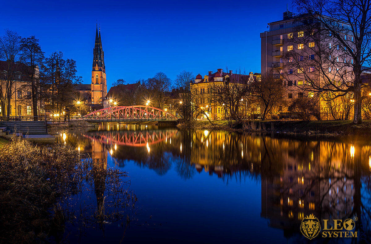 Night view of the Cathedral and Fyris River, Uppsala, Sweden