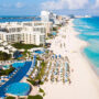 Aerial view of the coastline and beach in city of Cancun, Mexico