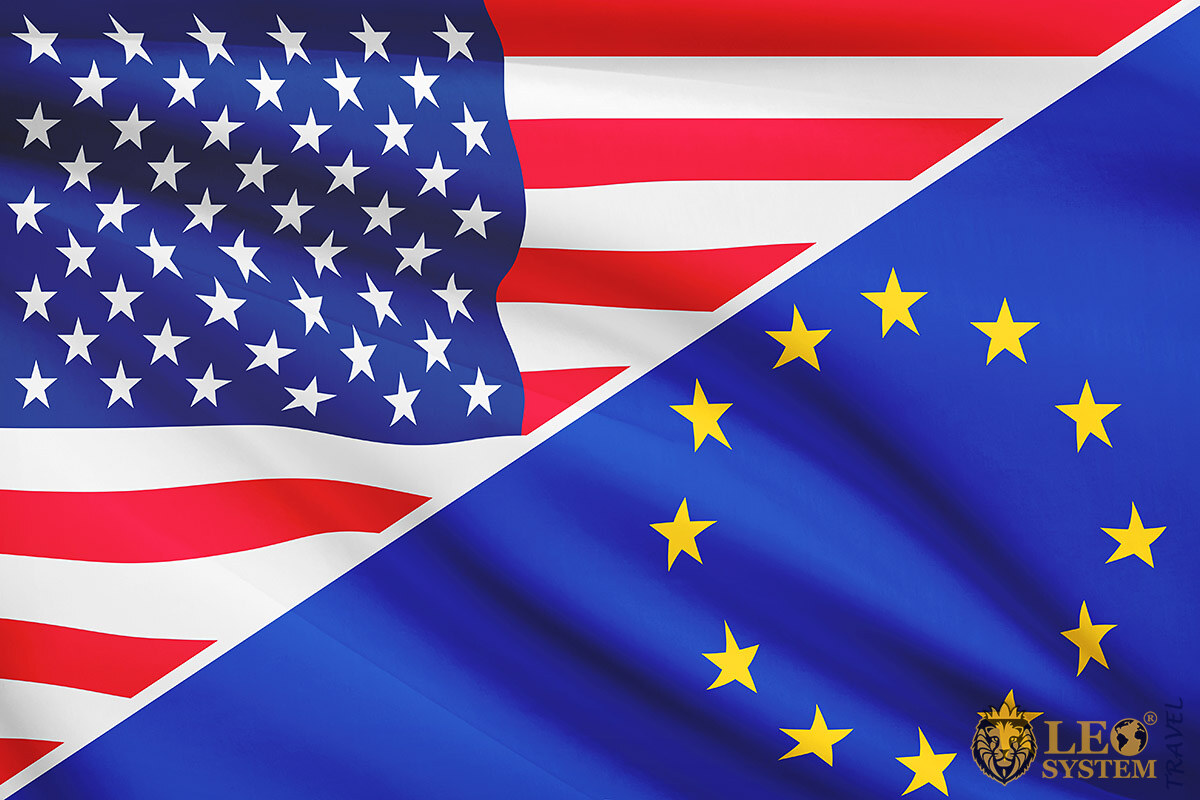 Image of two flags of America and Europe