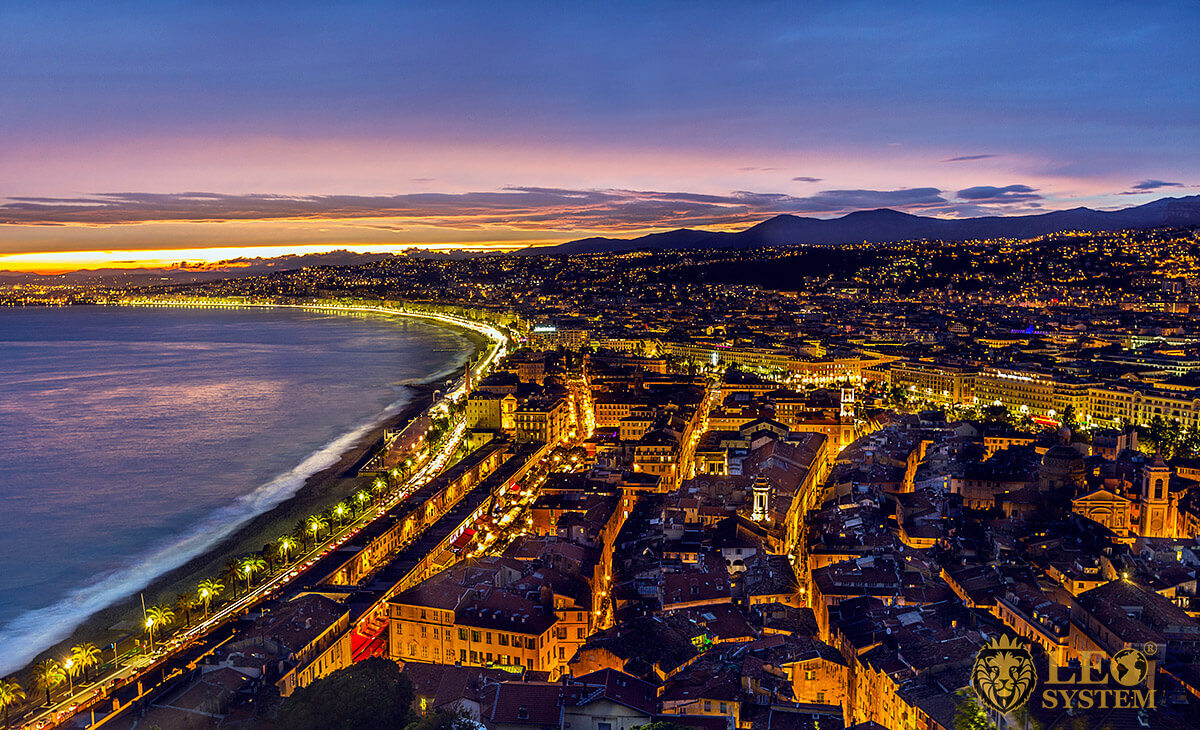 Magnificent views of the city at night and the sea, Nice, France