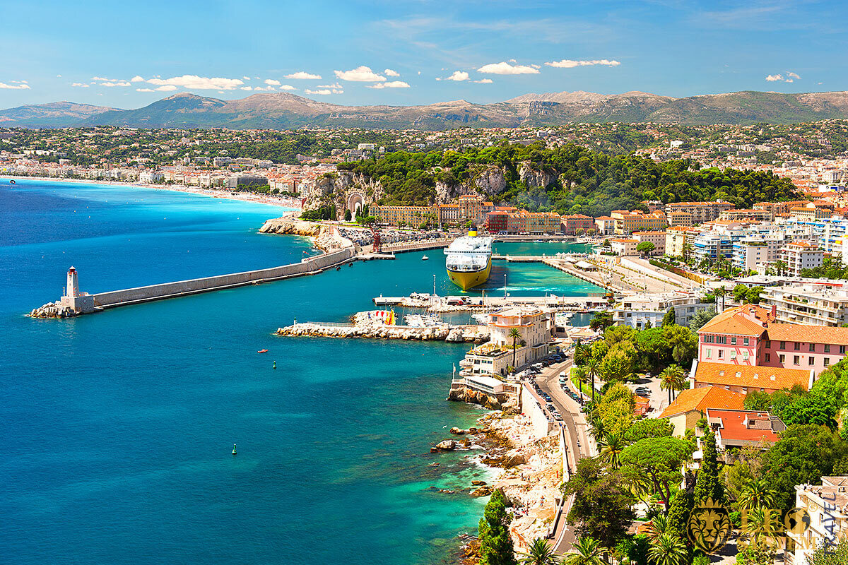 Panoramic view of the Mediterranean sea and the city of Nice, France