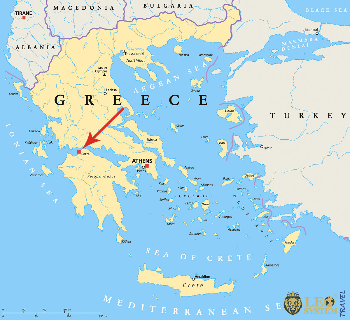 Image of a map showing the location of the city of Patras, Greece