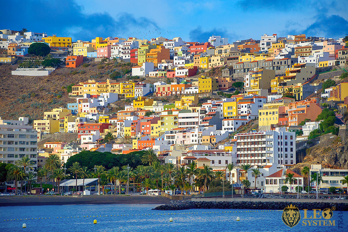 View of the architecture of houses and buildings on the island of Tenerife, Spain