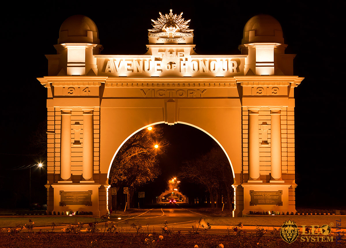 Night view of historic Arch of Victory in Ballarat, Australia