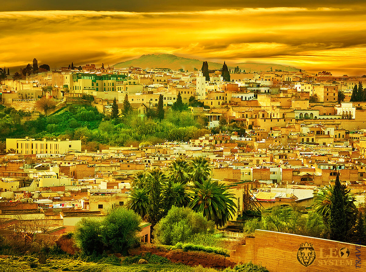 Stunning panoramic view of the city of Fes at sunset