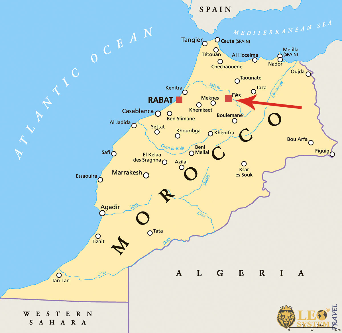 Image of a map showing the location of the city of Fes, Morocco