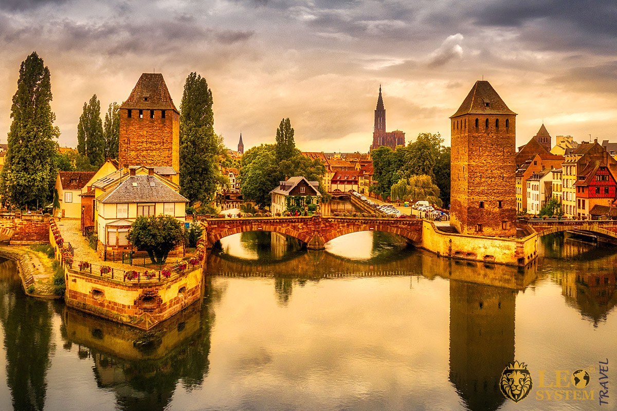 View at the time of sunset on bridge Ponts Couverts, Strasbourg, France