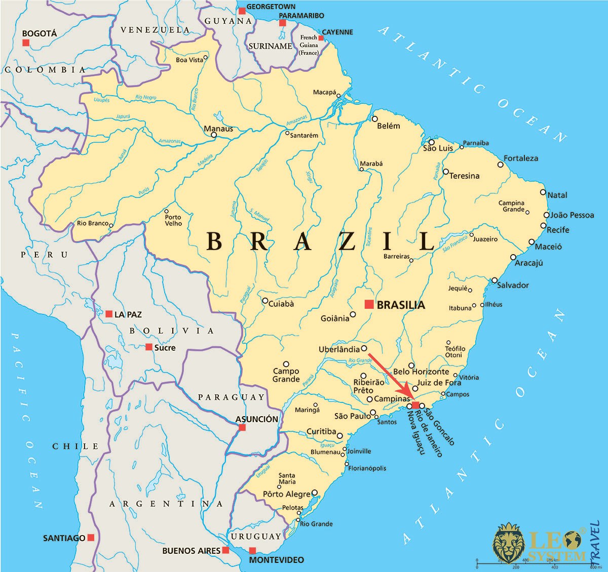 Image of a map showing the location of Rio de Janeiro, Brazil