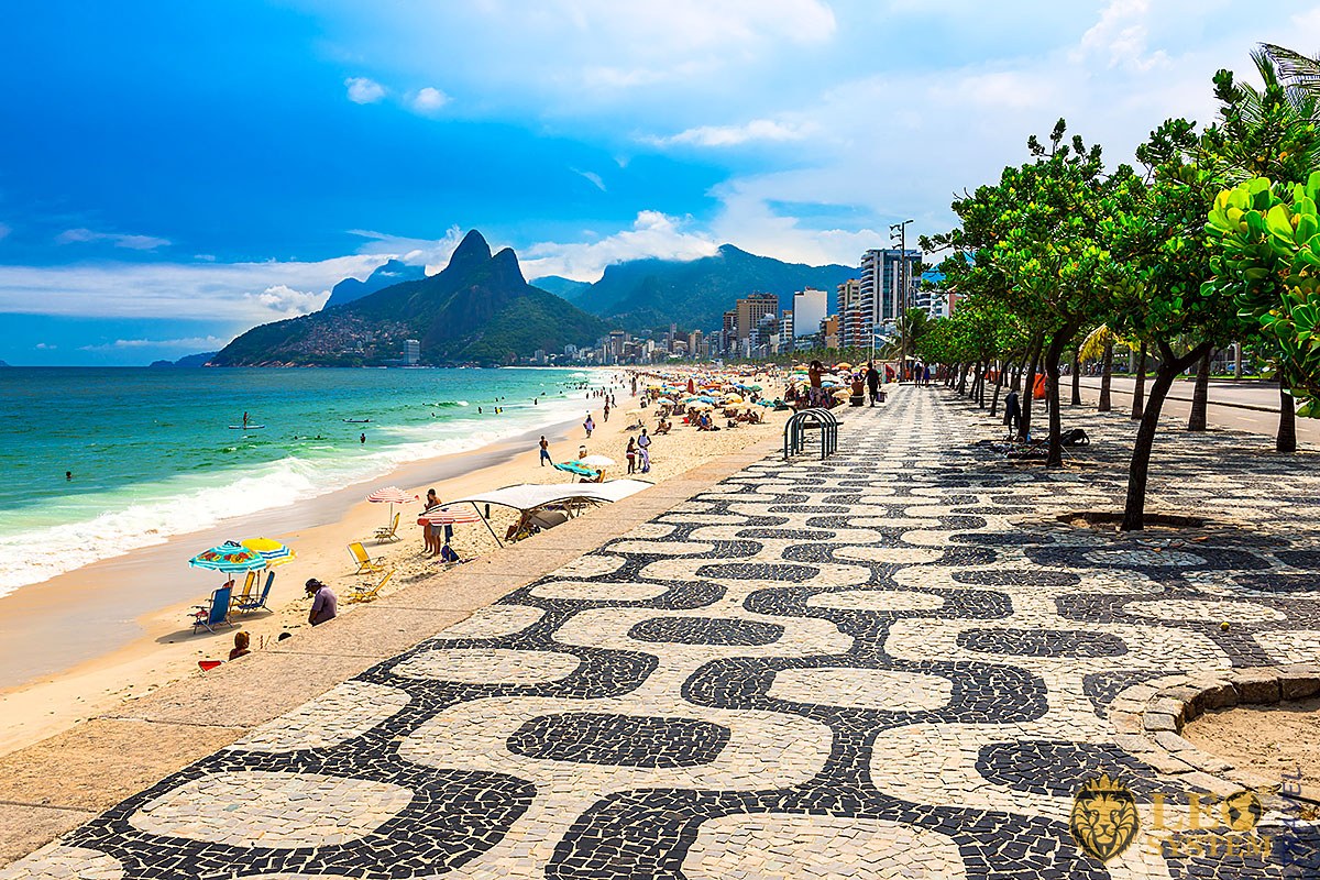 Ipanema Beach with pavement mosaic in Rio de Janeiro, Brazil