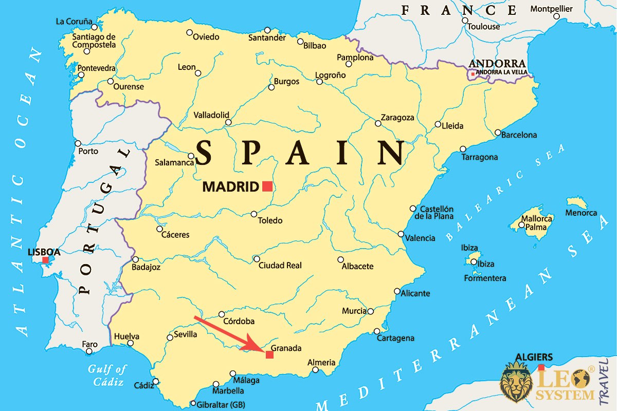 Image of a map showing the location of the city of Granada, Spain