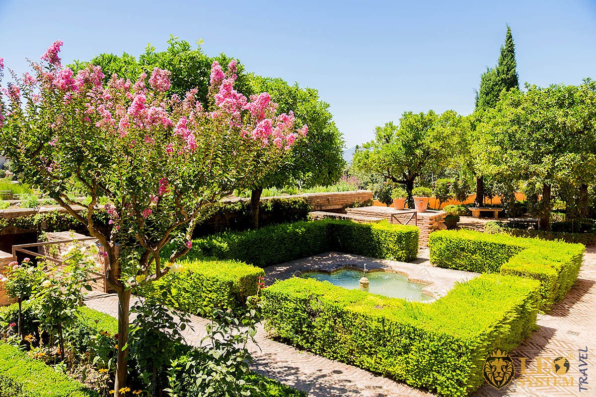 Image of the Generalife courtyard with historic fountain and garden, Granada city