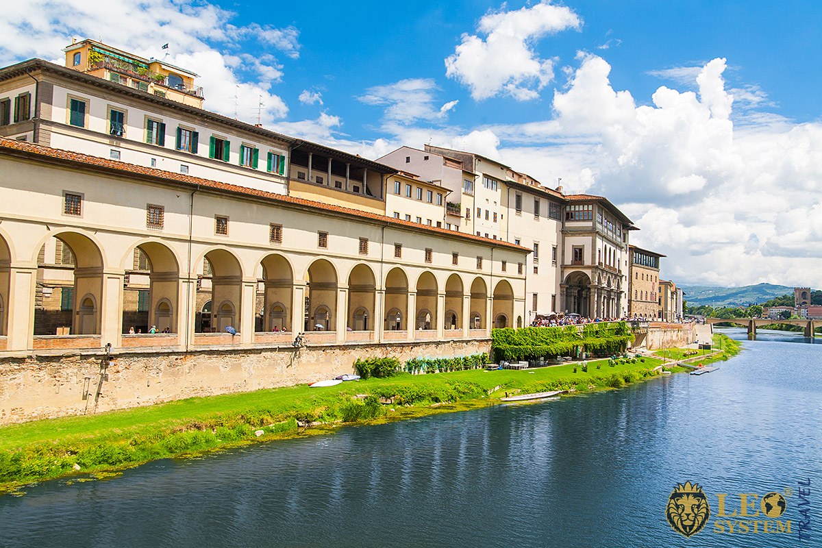 View of the Uffizi Gallery on a bright sunny day, Florence