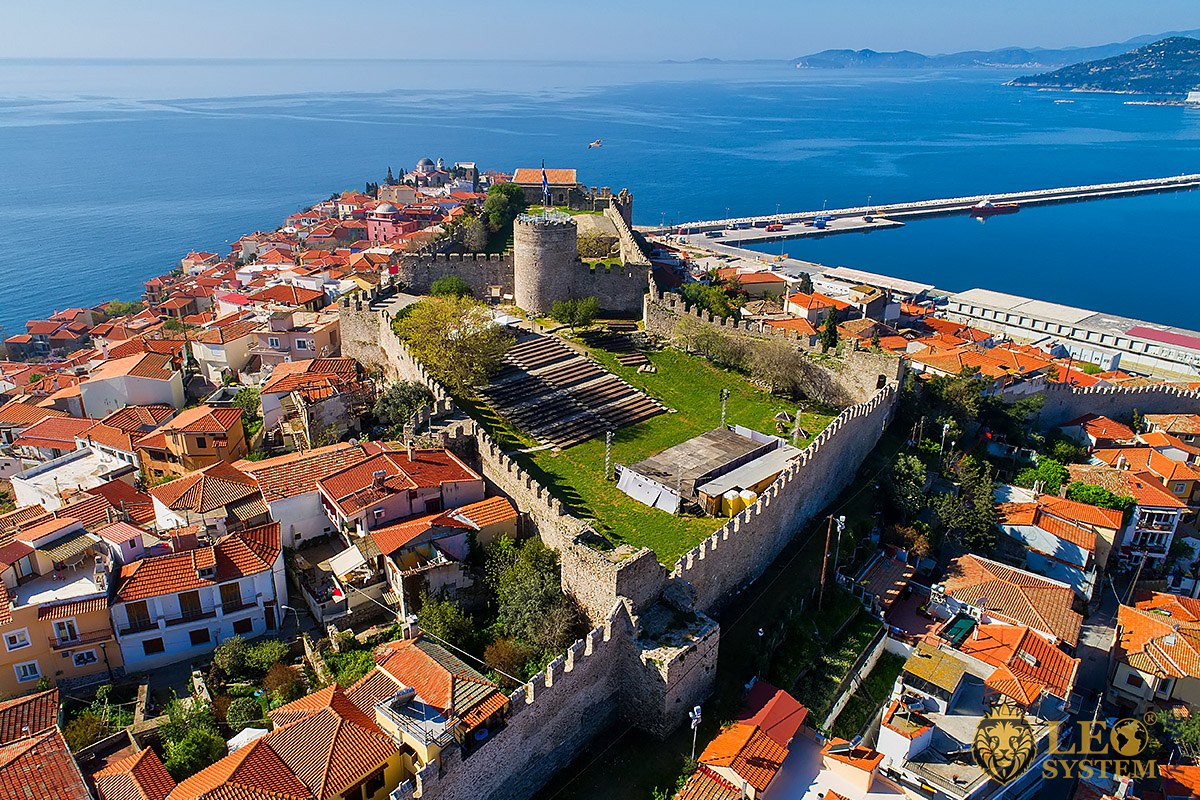 Aerial view of the medieval city wall and ancient buildings, city of Kavala