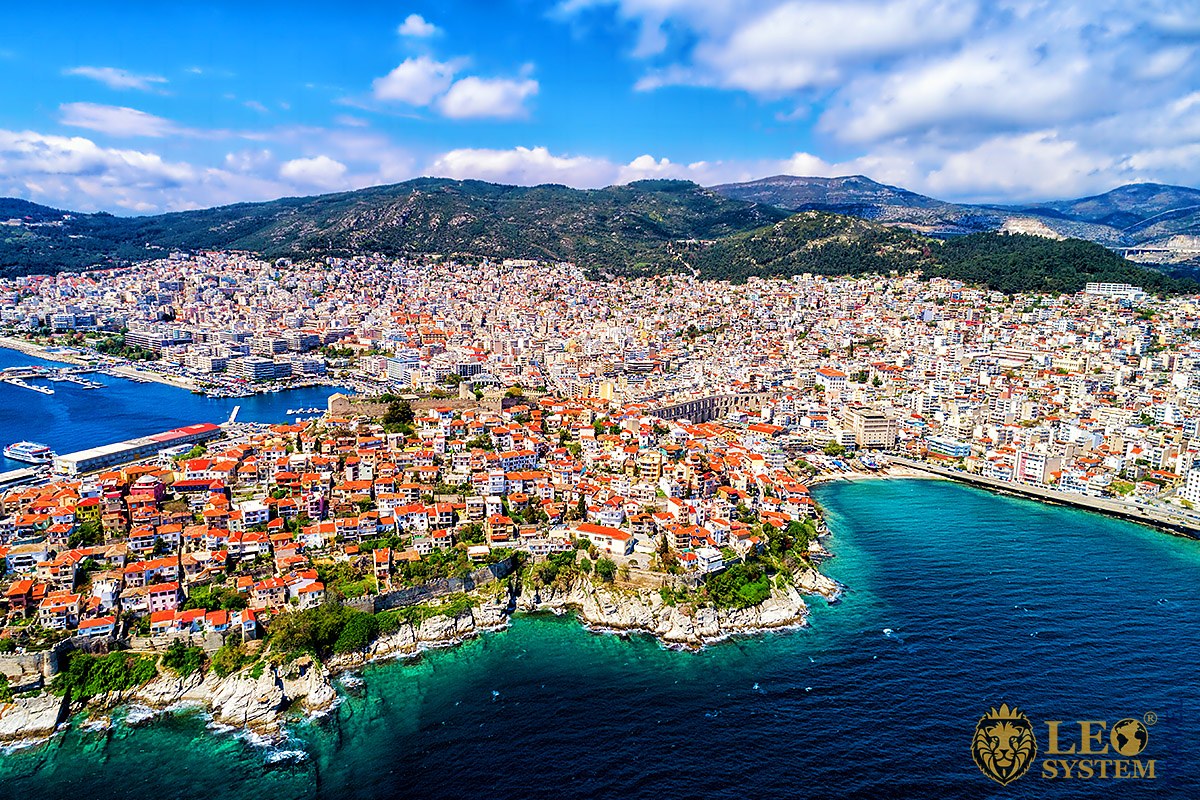 Amazing aerial view of the sea and city buildings, Kavala City