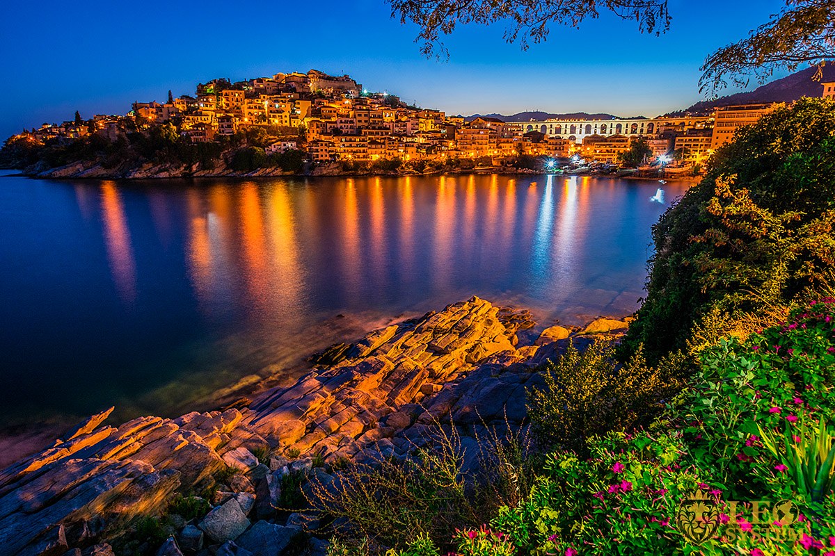 Beautiful night view of the sea and the city of Kavala, Greece