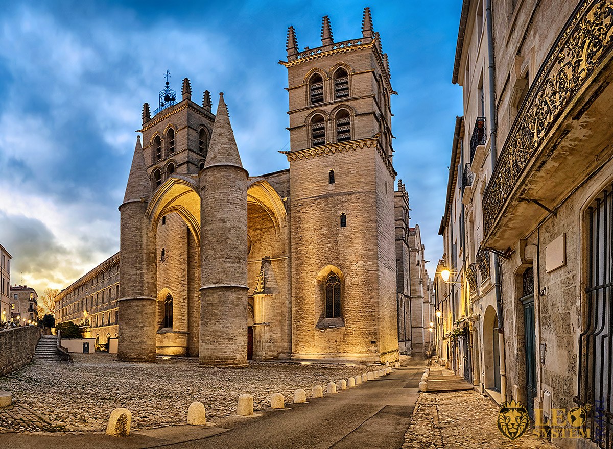 Evening view of the Gothic St. Peter's Cathedral in Montpellier