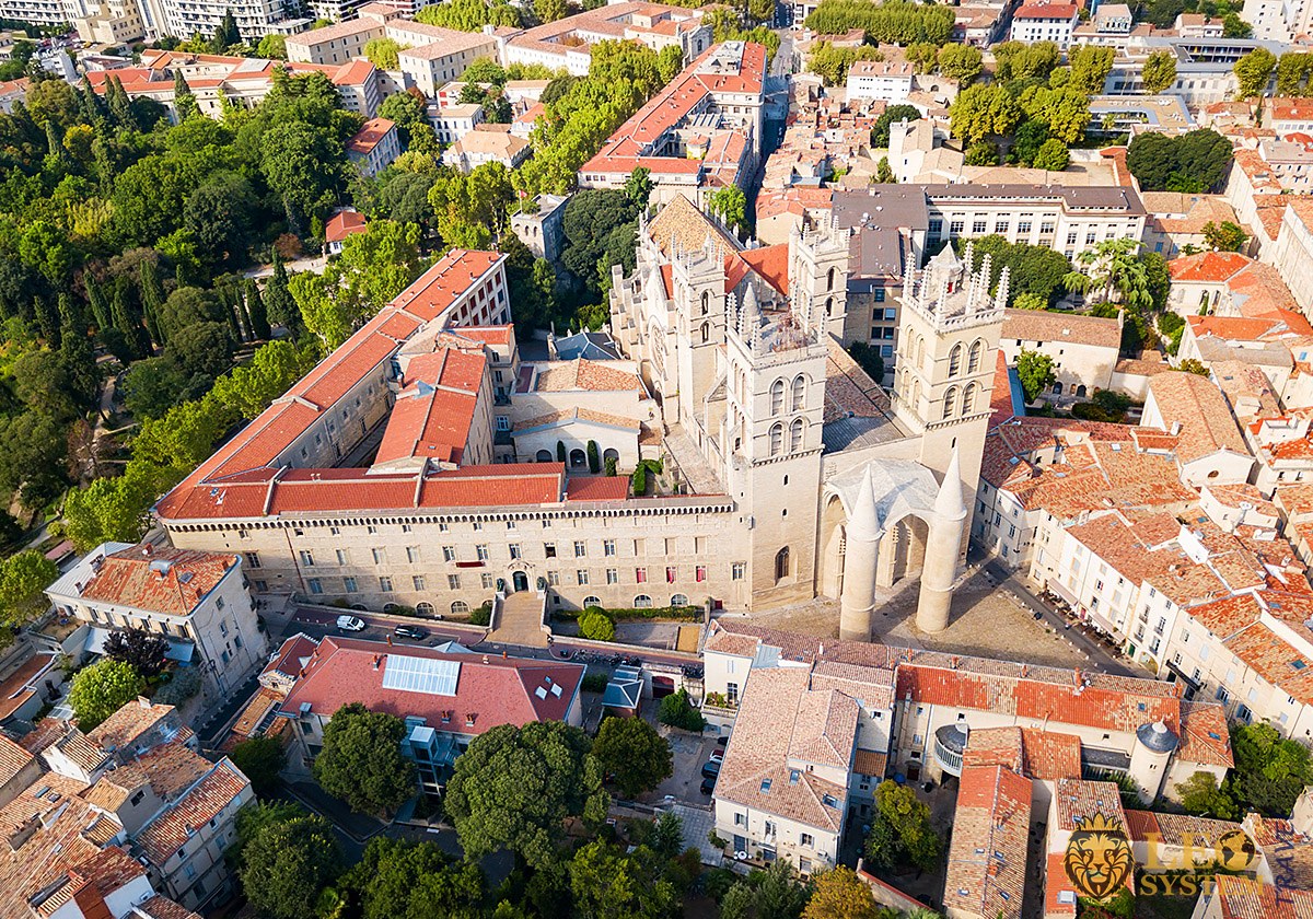 Aerial view of the architecture and city buildings of the city of Montpellier, France