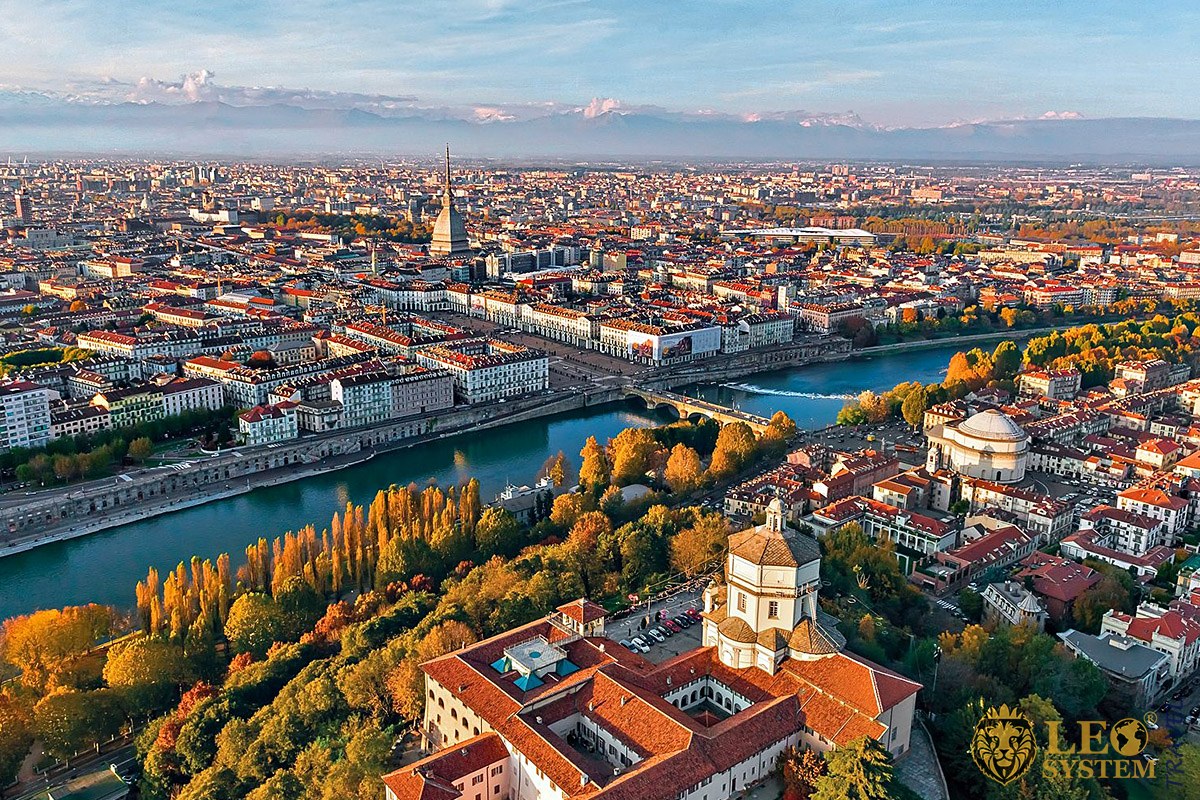 Aerial view of the City and Po River, Turin, Italy