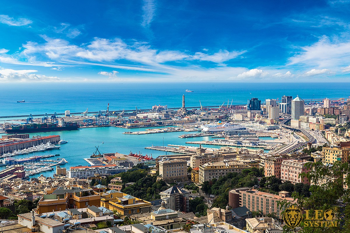 Great aerial view of the port in the city of Genoa, Italy