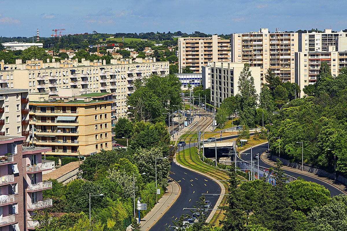 View of city buildings and houses in Montpellier, France