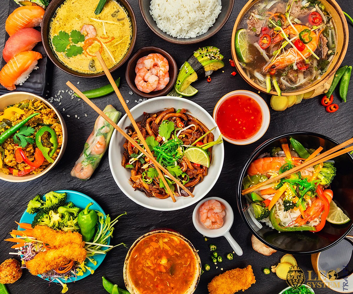 Image of various Asian food on the table