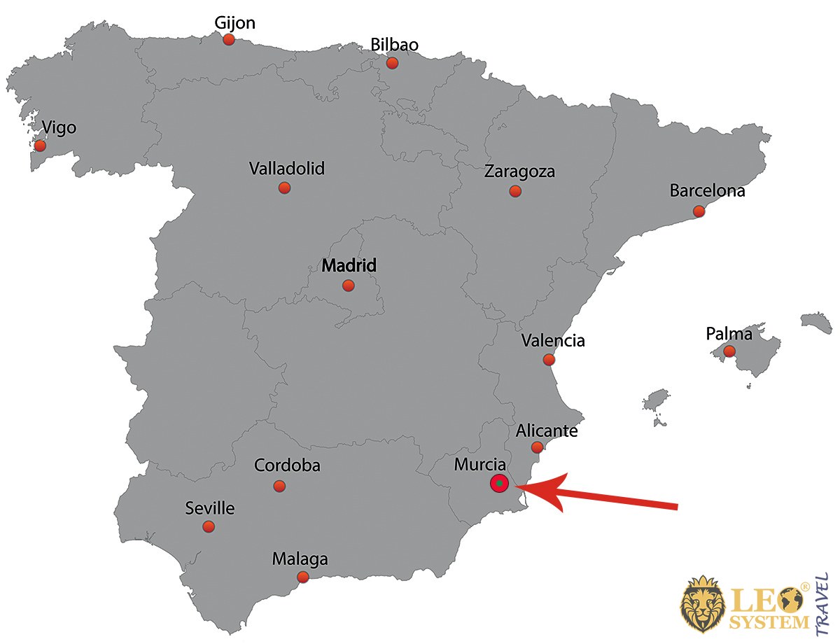 Map of cities in Spain with a pointer to the city of Murcia