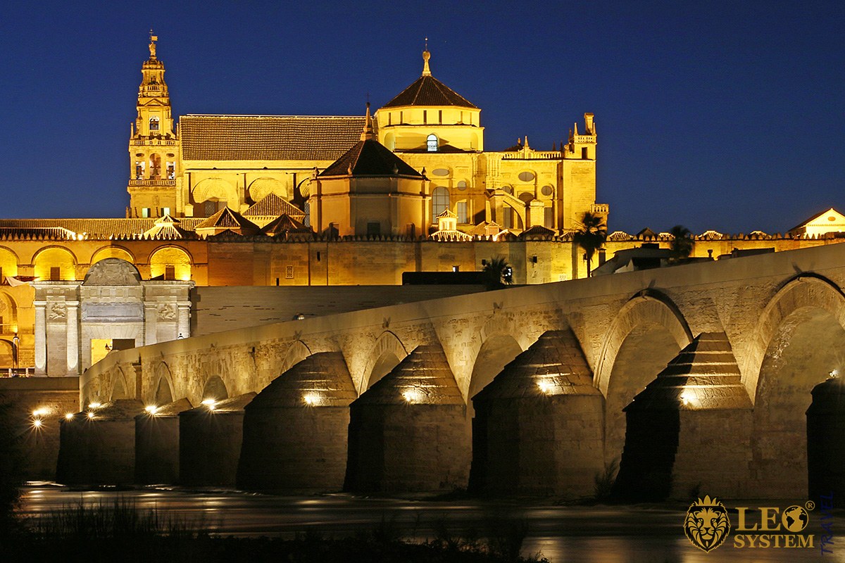 Night view of the old Roman bridge and the Cathedral, Cordoba, Spain
