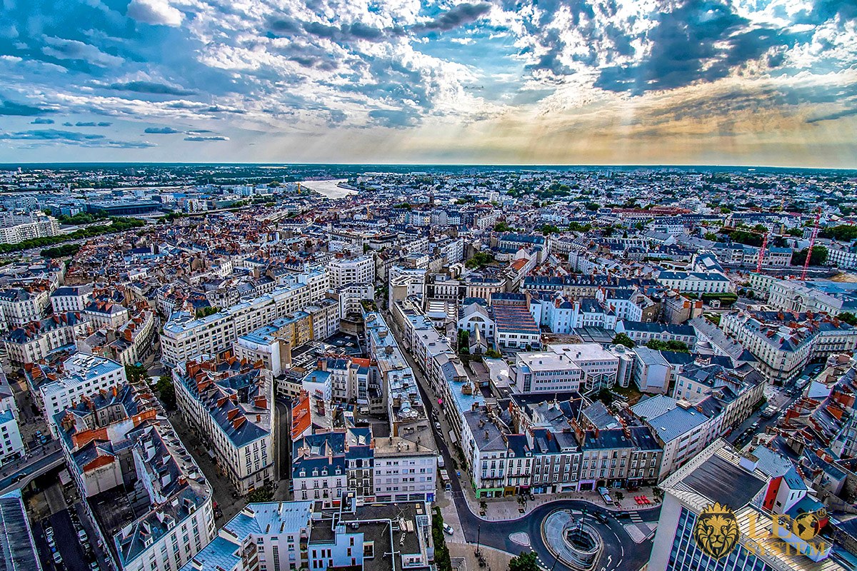 Panoramic aerial view of the city of Nantes at sunset