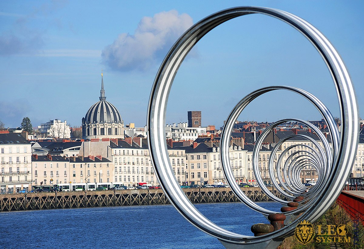 Beautiful view of the Loire River and the metal rings of the Buren, Nantes City