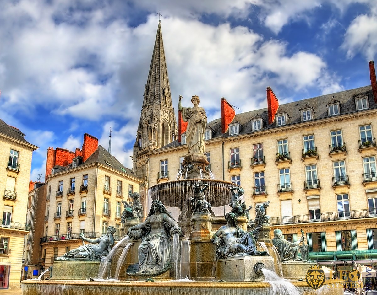 Stunning view of the fountain and Cathedral in the city of Nantes, France