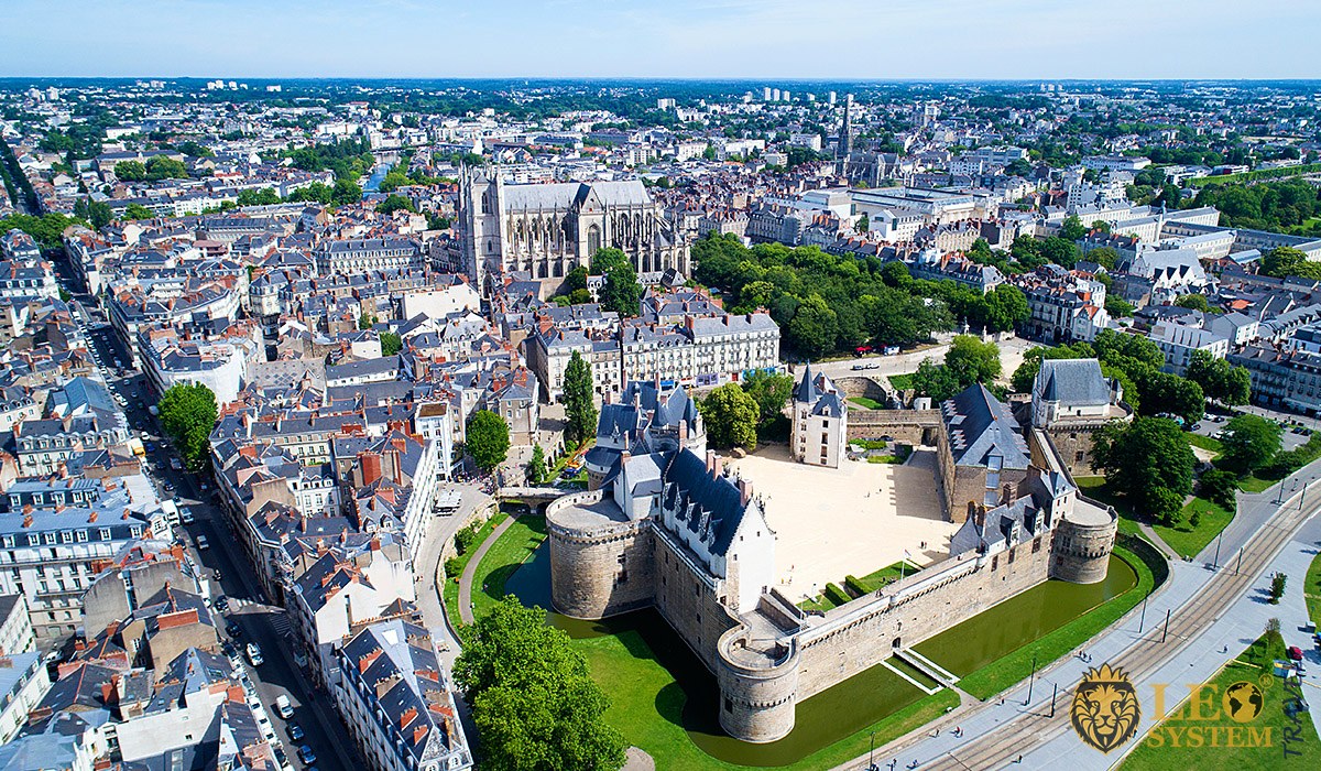 Aerial view of city buildings and Castle in Nantes City, France