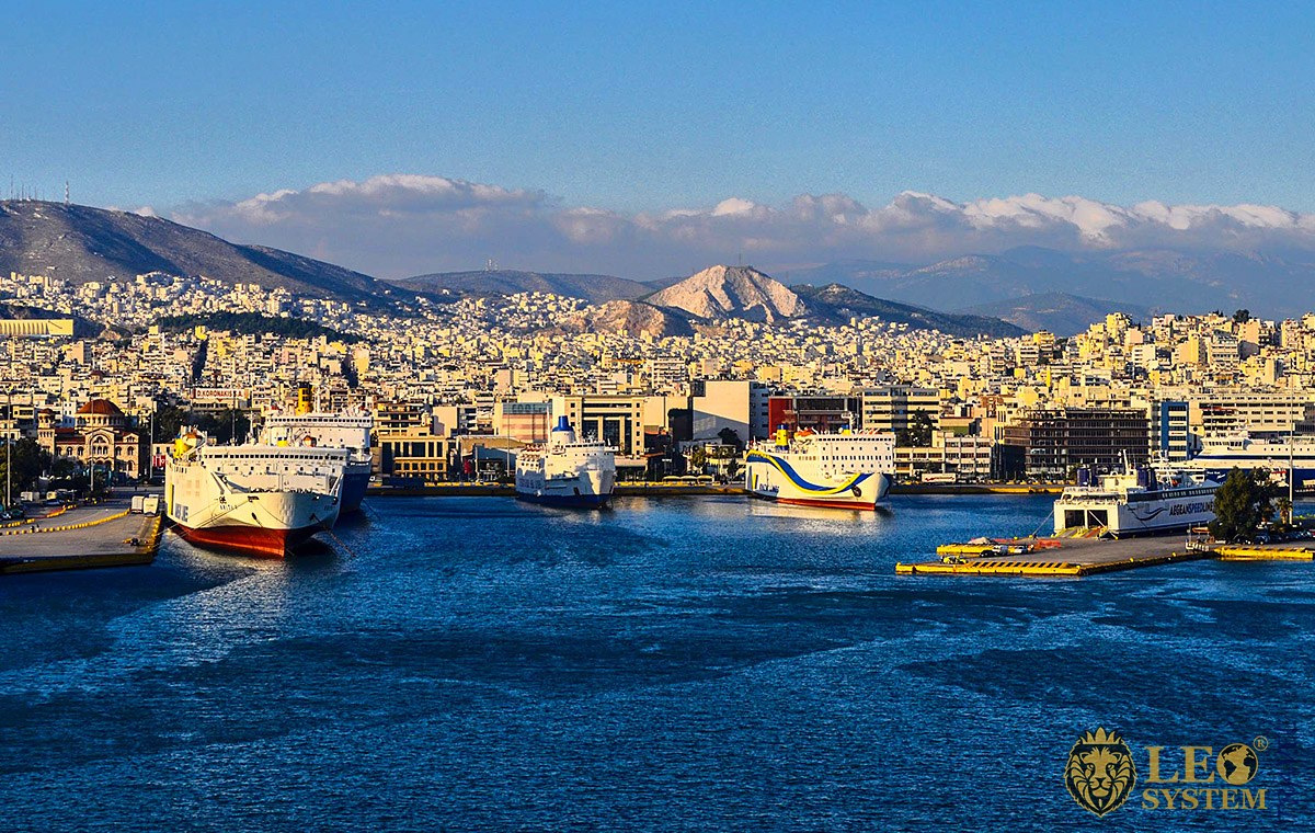 Image of mountain landscape and port, city of Piraeus