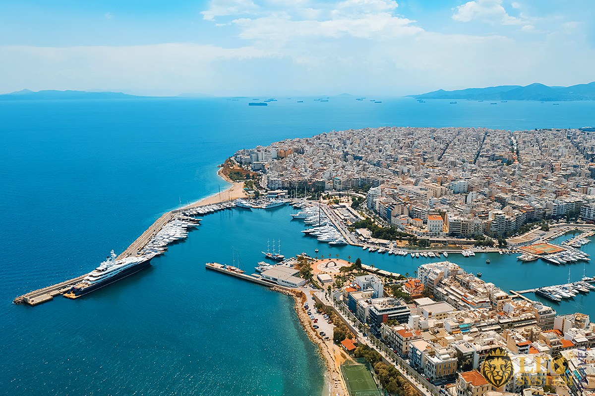 Aerial view of city buildings and architecture, Piraeus, Greece